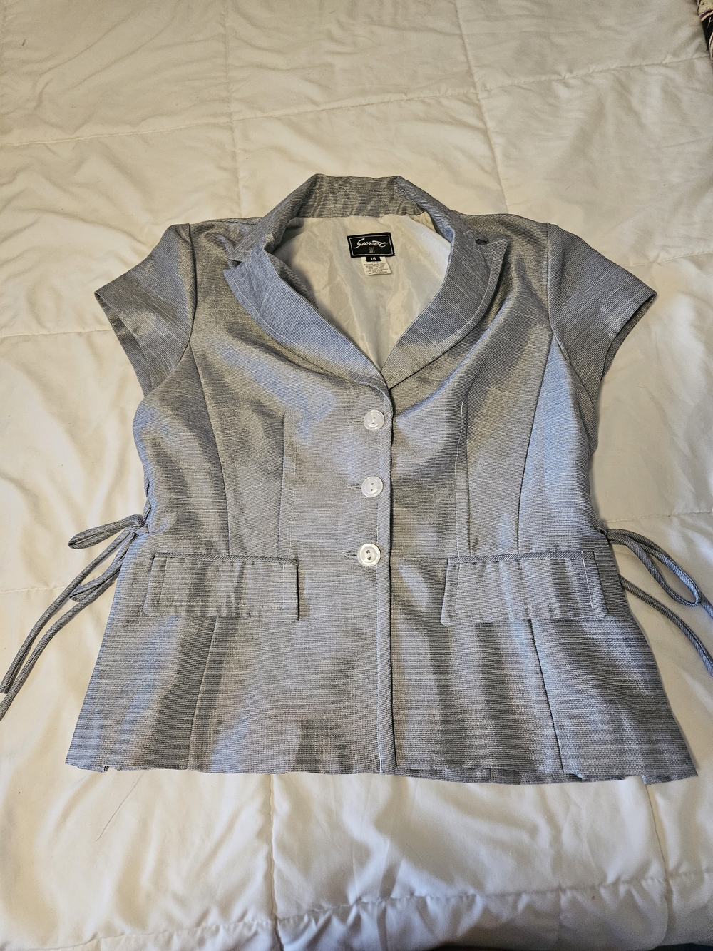 Y2K Two Piece Sandra Darren Silver Short-Sleeve Tailored Blazer And Skirt